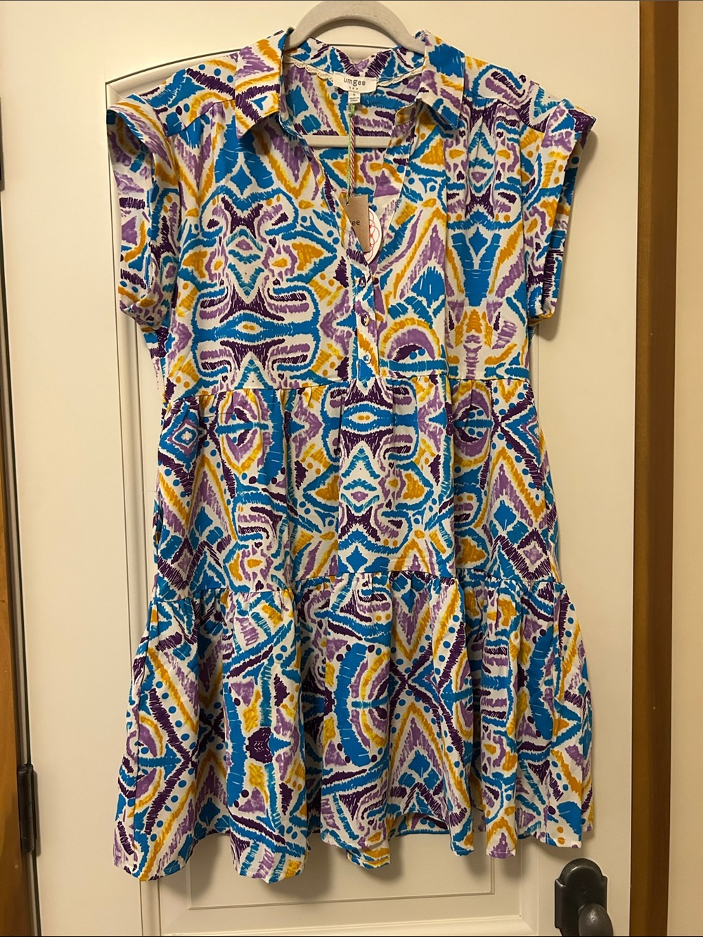 Umgee Blue Purple Yellow Printed Tiered Casual Dress